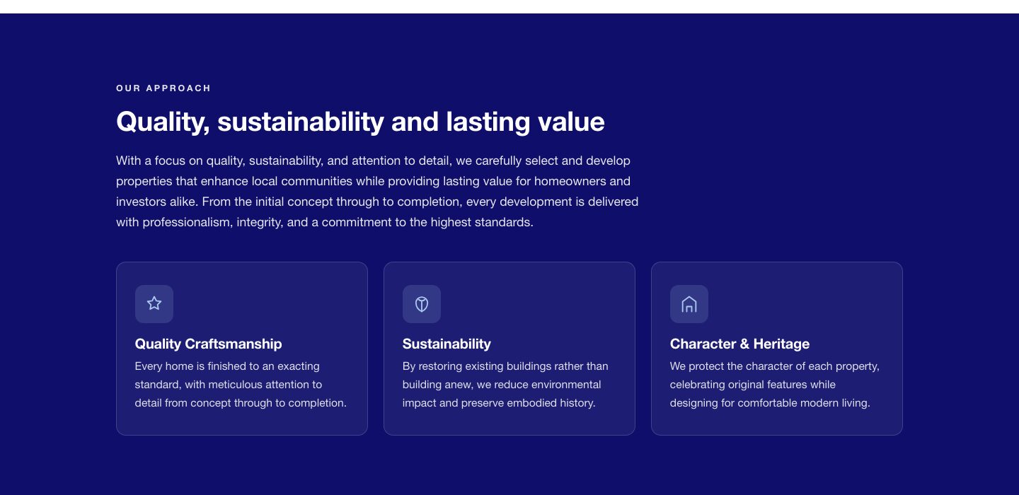 The Our Approach section of the Belviston Developments website