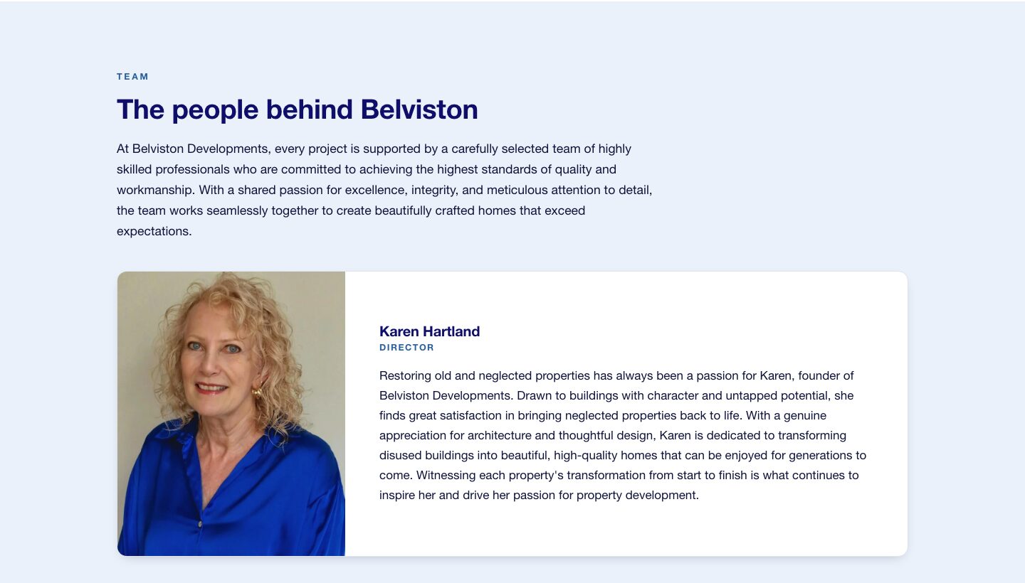The Team section of the Belviston Developments website introducing the founder