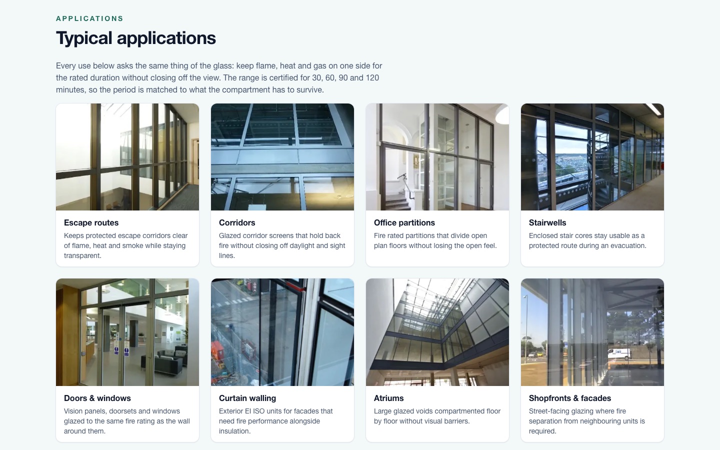 The typical applications section of the fire resistant glass page on the Jaden Glass website